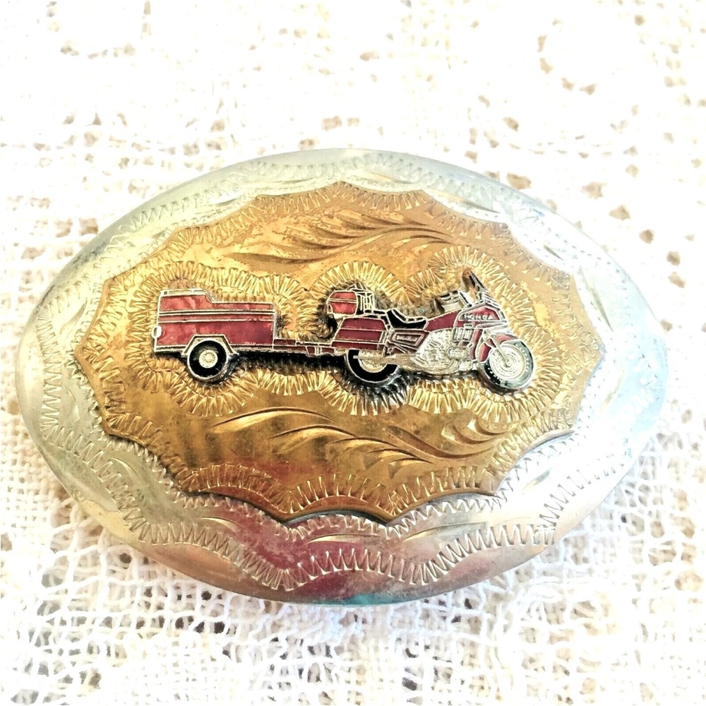 Handmade Vintage Enameled Motorcycle Biker Buckle Signed TN